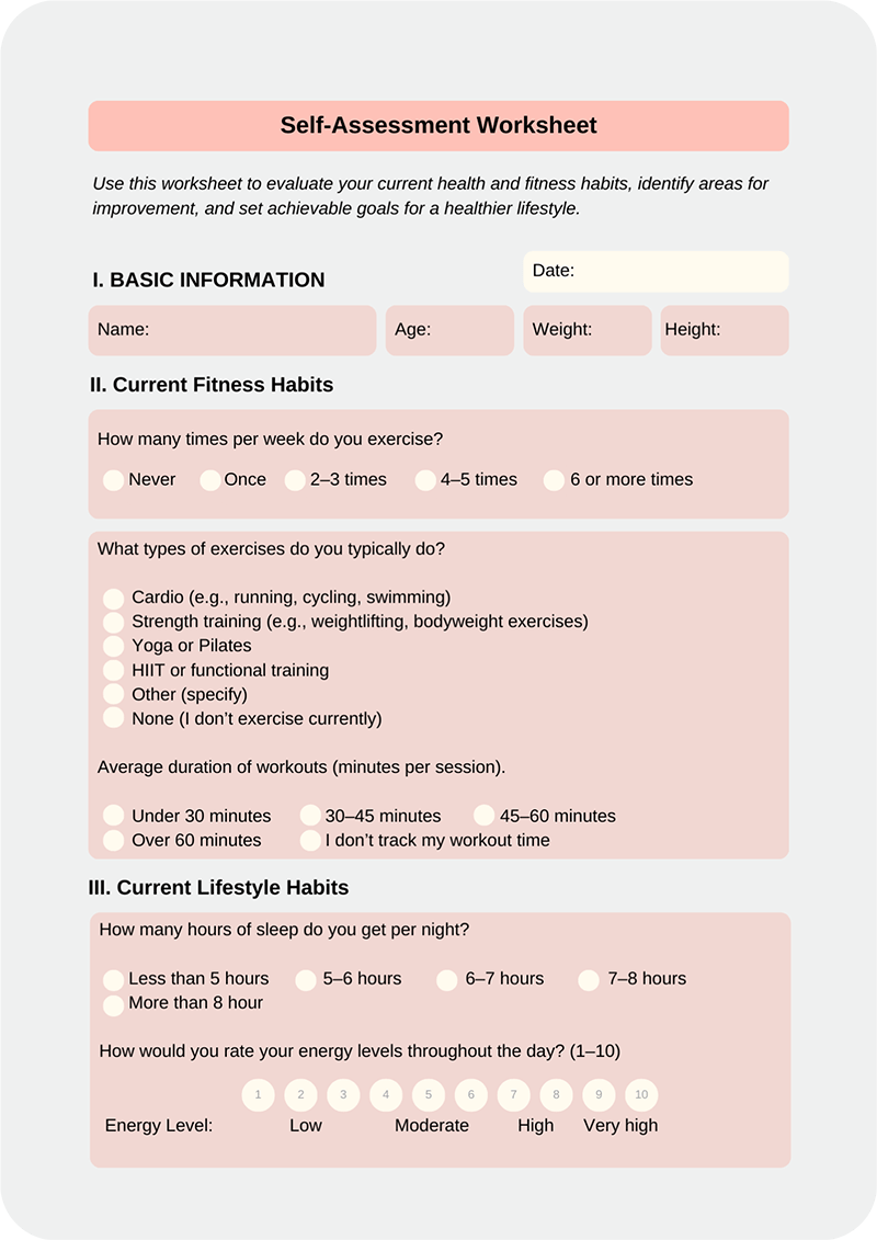 Printable self-assessment worksheet from the 8-Week Fitness Plan - measure starting fitness level, set goals, and track progress without gym equipment.
