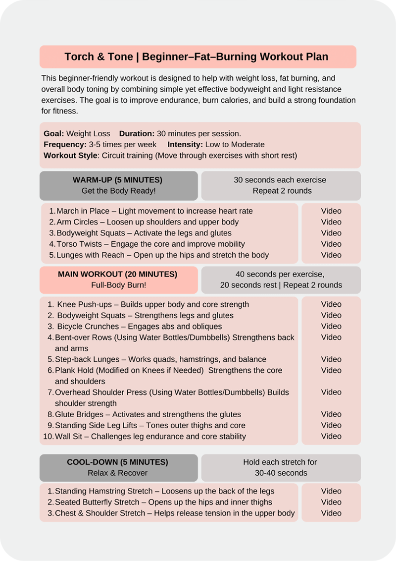 TinkaFit's Torch & Tone beginner workout plan - 8-week fat-burning home program with bodyweight exercises and HIIT (no equipment needed).