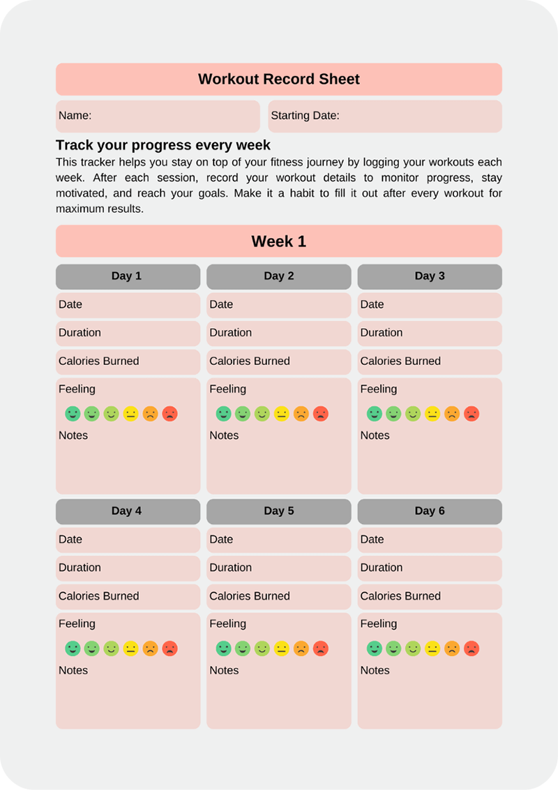 TinkaFit's printable workout record sheet - track exercises, weights, reps and progress through your 8-week fitness transformation.