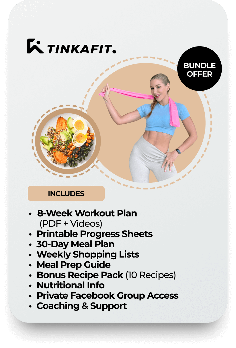 Benefits of the Fitness and Nutrition Bundle by TinaFitness – combines clean eating guidance and full-body home workouts to support fat loss, boost energy, improve strength, and create lasting healthy habits.