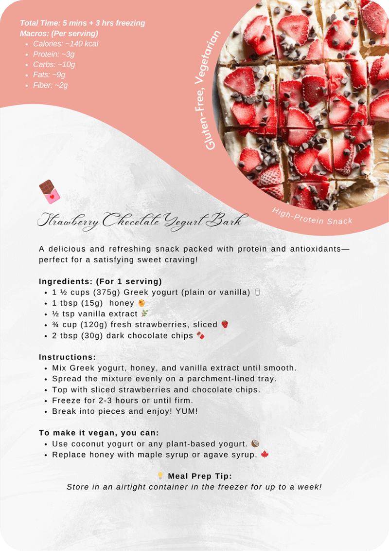 Snack recipe page with photo, macros, ingredients, instructions, and meal prep tip for clean eating