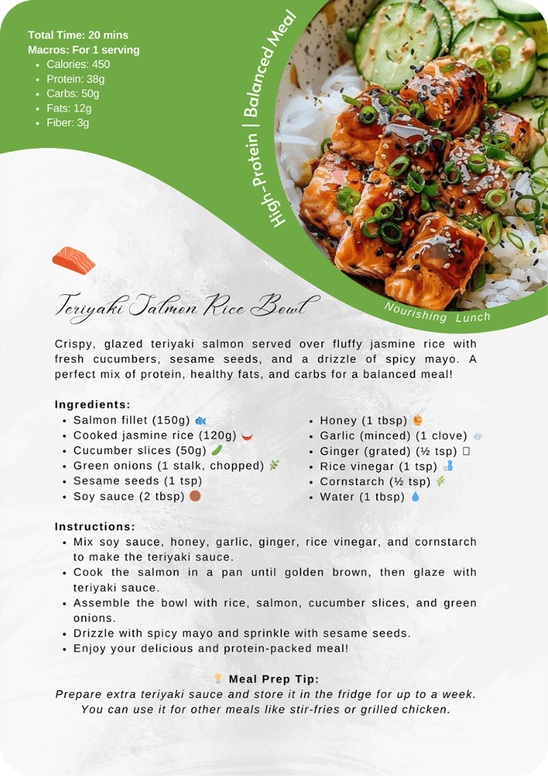 Teriyaki salmon rice bowl recipe with photo, macros, ingredients, meal prep tip for clean eating and balanced nutrition
