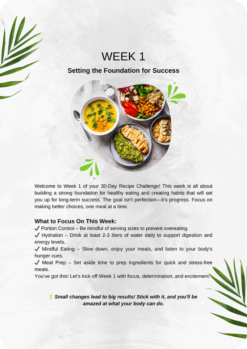 Weekly breakdown of clean eating meal plan with calorie count and focus of the week for balanced nutrition