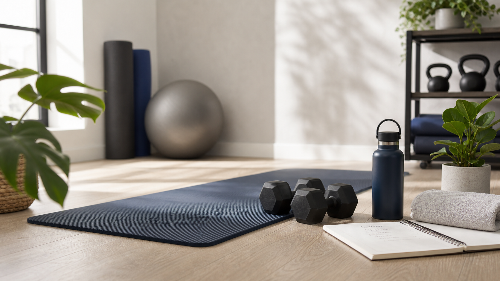 Beginner fitness essentials arranged in a bright studio