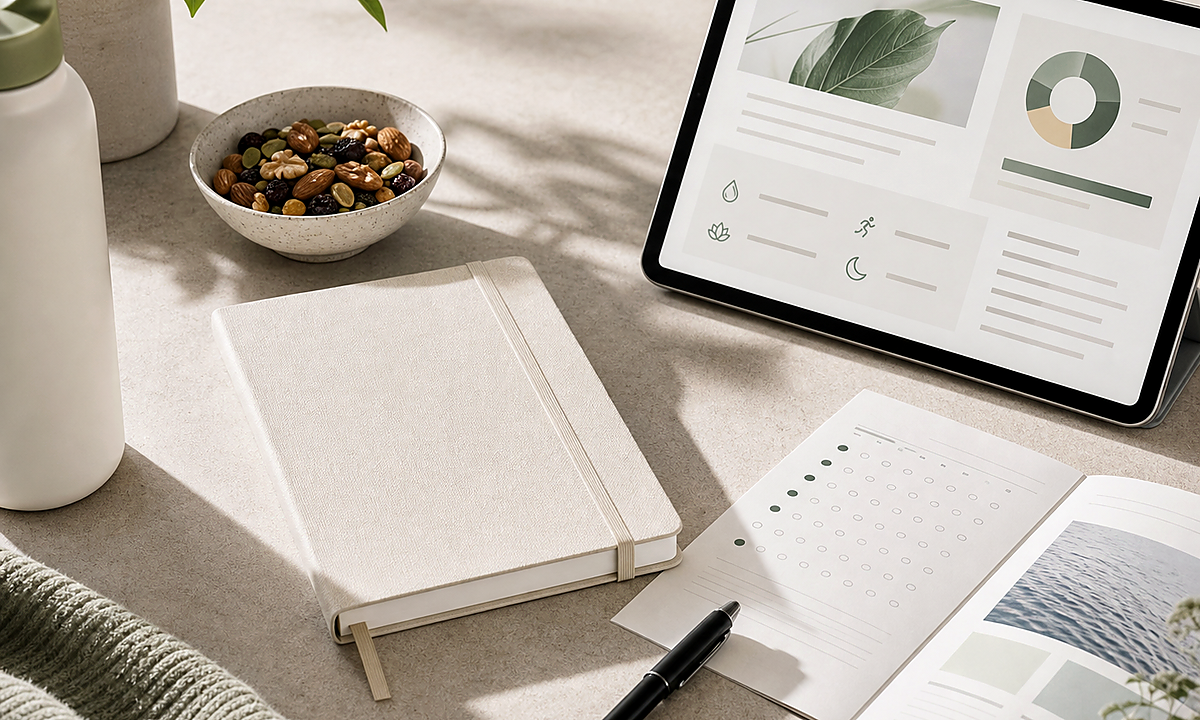 Online health coaching on laptop with notes