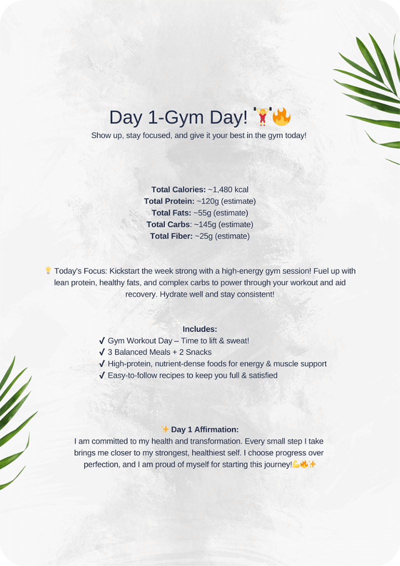 Daily cover page showing calorie count, gym or rest day, daily focus, and affirmation for clean eating meal plan