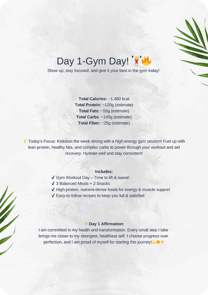 Daily cover page showing calorie count, gym or rest day, daily focus, and affirmation for clean eating meal plan