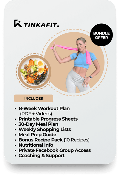 Benefits of the Fitness and Nutrition Bundle by TinaFitness – combines clean eating guidance and full-body home workouts to support fat loss, boost energy, improve strength, and create lasting healthy habits.