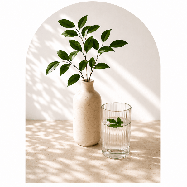 Minimal wellness still life with ceramic vase, green leaves, and glass of water representing lifestyle and health coaching