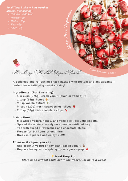 Snack recipe page with photo, macros, ingredients, instructions, and meal prep tip for clean eating